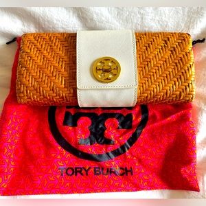 Tory Burch rattan and leather clutch